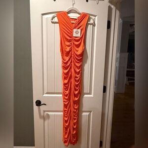 Marie Oliver Roxie Dress Tangerine  Ruched V-Neck Maxi Dress Size Small